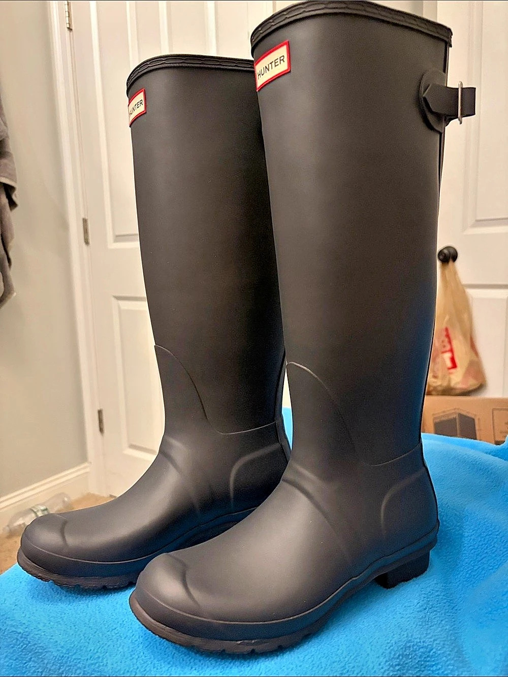 Hunter Original Tall Back Adjustable Boot Black & Blue US 8